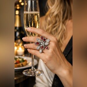 Vintage Large Floral Statement Ring Red & Clear Stones Silver Tone Size 12
